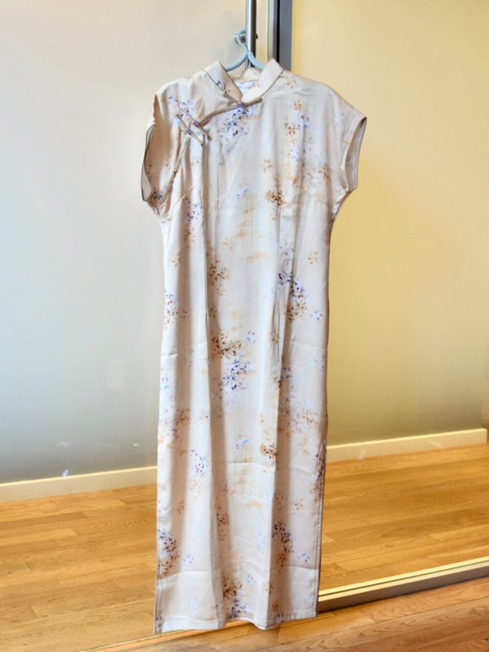 Yellow Purple Flora Printed Satin Qipao Long Dress - Chinese Cheongsam